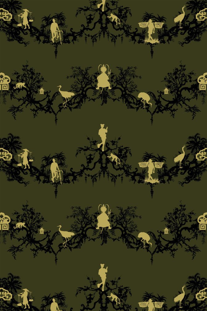 Shuiping De Pillement Velvet Fabric - Black & Pale Gold on Olive - Timorous Beasties - SHUP/8118/04 - Premier Wallcovering