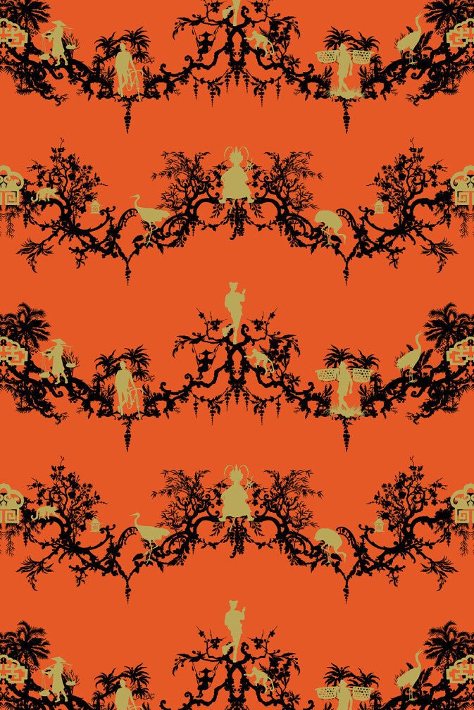 Shuiping De Pillement Velvet Fabric - Black & Pale Gold on Orange - Timorous Beasties - SHUP/8906/06 - Premier Wallcovering