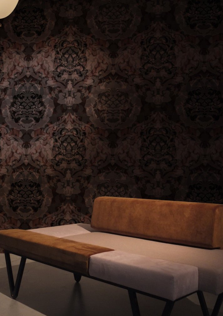 Skull Damask Superwide Wallpaper - Dark Beetroot - Timorous Beasties - ROR/SKLD/OBRN/01 - Premier Wallcovering