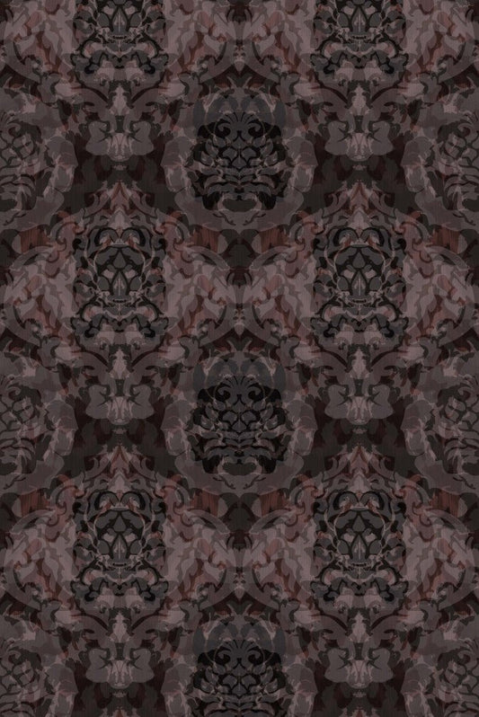 Skull Damask Superwide Wallpaper - Dark Beetroot - Timorous Beasties - ROR/SKLD/OBRN/01 - Premier Wallcovering