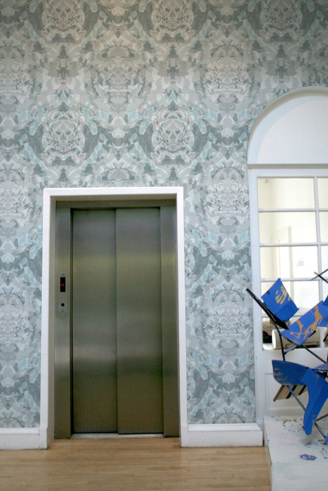 Skull Damask Superwide Wallpaper - Pale Blue - Timorous Beasties - ROR/SKLD/OBRN/03 - Premier Wallcovering