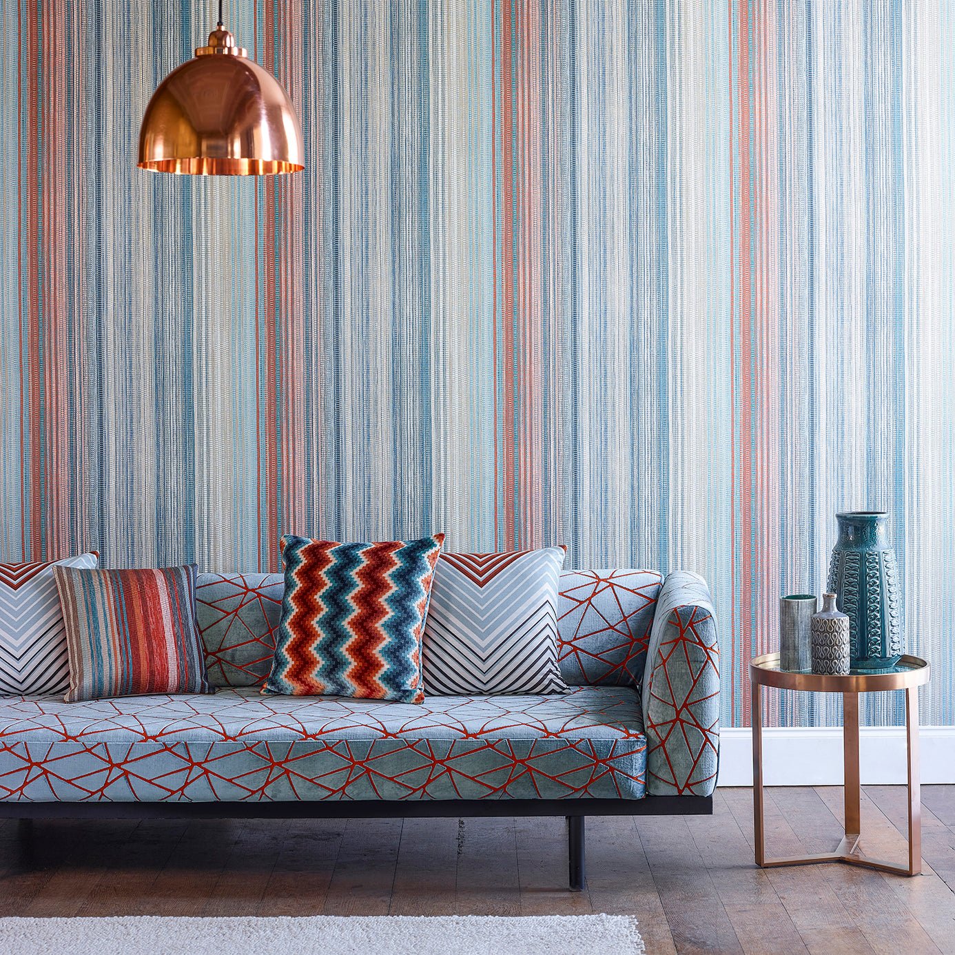 Spectro Stripe Wallpaper - Teal/Sedona/Rust - Harlequin - HMWF111961 - Premier Wallcovering