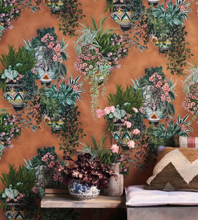 Talavera Wallpaper - Rose & Spring Greens on Terracotta - 117/9025 - Cole & Son - Premier Wallcovering