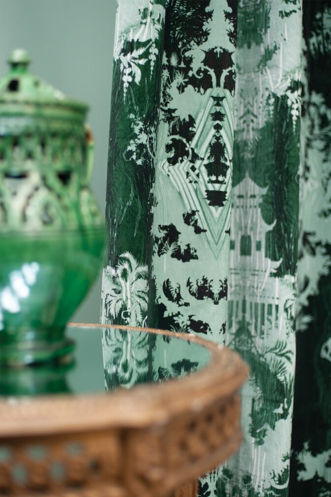 Temples In The Sky Velvet Fabric - Green - Timorous Beasties - DIGI/TMPL/CE61/01 - Premier Wallcovering