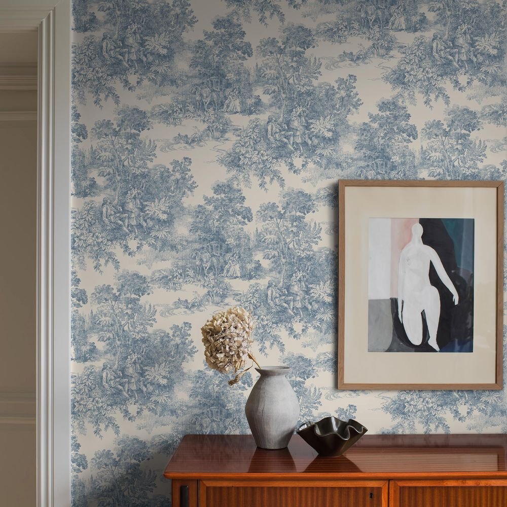 Toile de Jouy Wallpaper - Blue - Boråstapeter - 7767 - Premier Wallcovering
