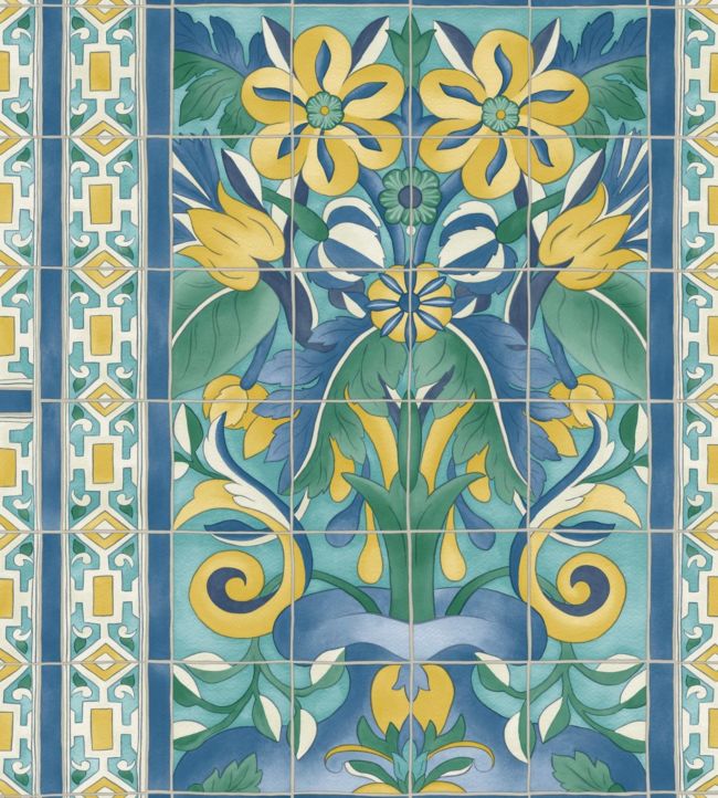 Triana Wallpaper - Canary Yellow & China Blue on Teal - 117/5013 - Cole & Son - Premier Wallcovering