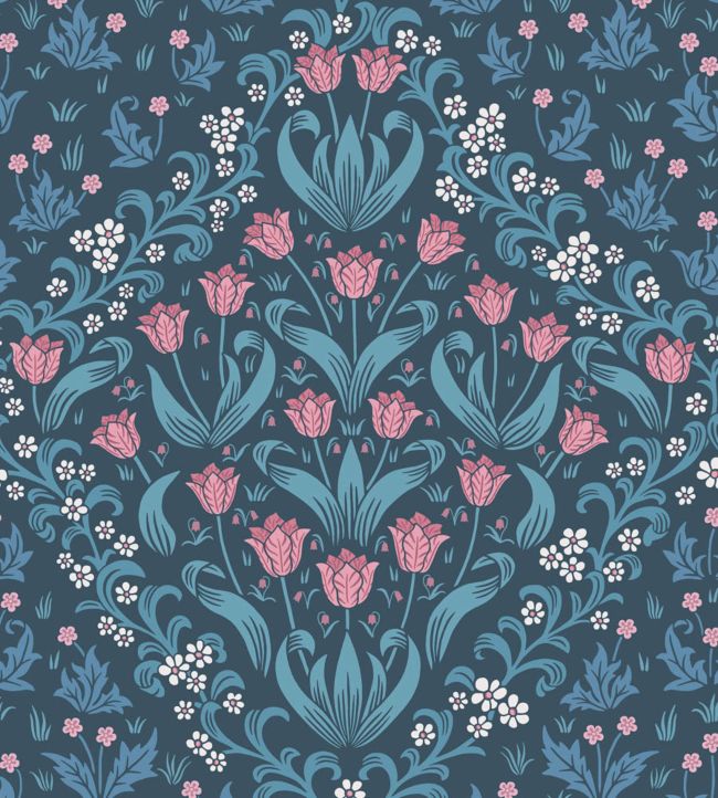Tudor Garden Wallpaper - Fuchsia & Cerulean Blue on Midnight - 118/2004 - Cole & Son - Premier Wallcovering