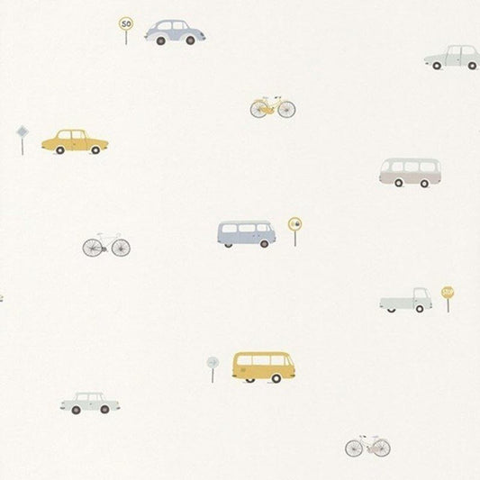 Vintage Cars Happy Dreams Wallpaper - Bleu And Jaune - Casadeco - 82776216 - Premier Wallcovering