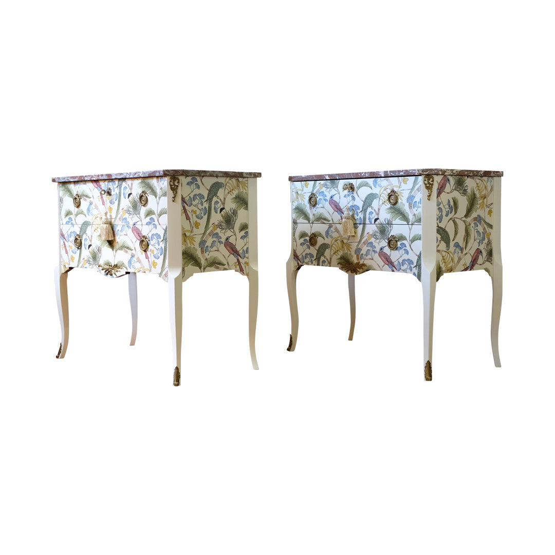 Pair of Gustavian Style Commode in Antique White with Exotic Birds Design and Natural Marble Top