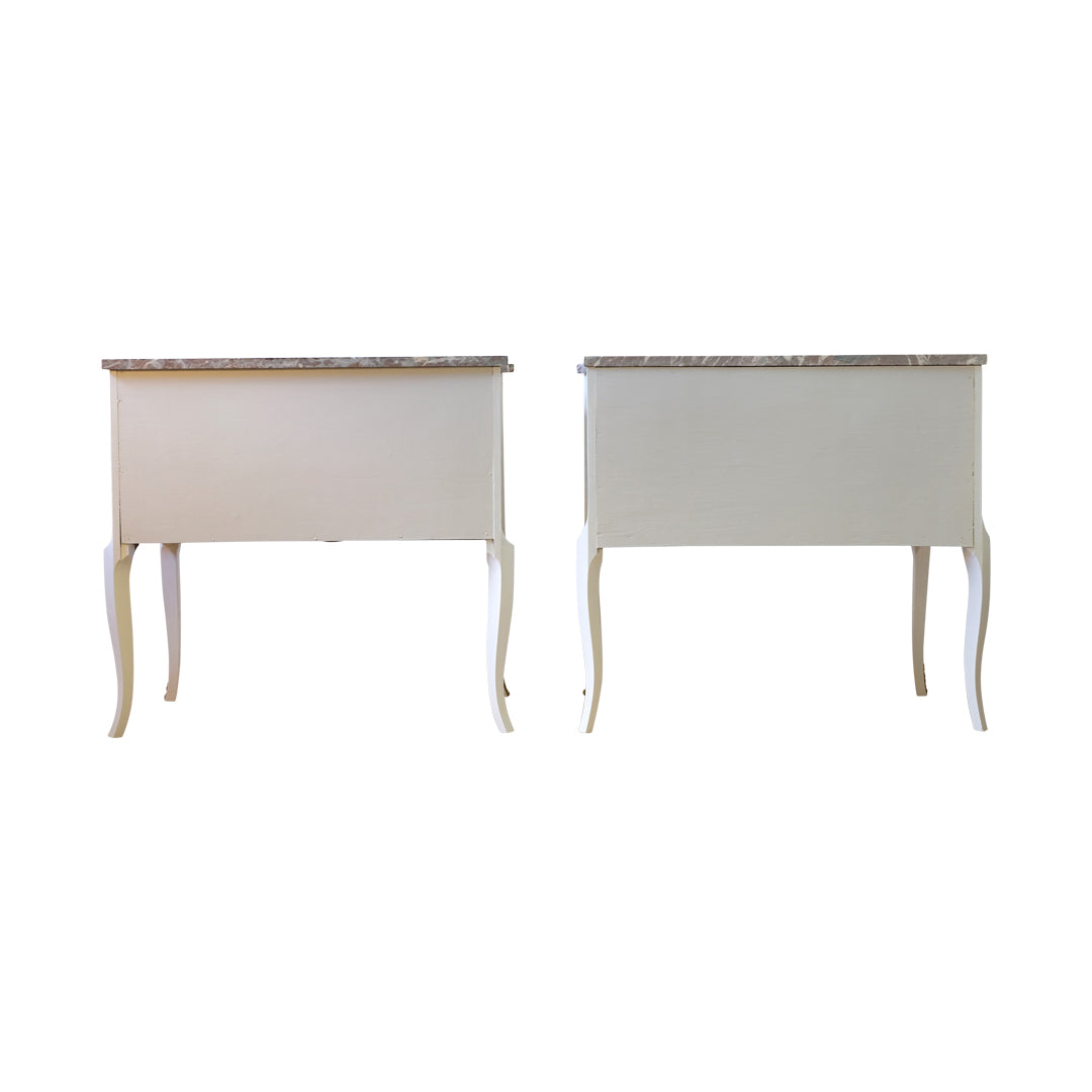Pair of Gustavian Style Commode in Antique White with Exotic Birds Design and Natural Marble Top