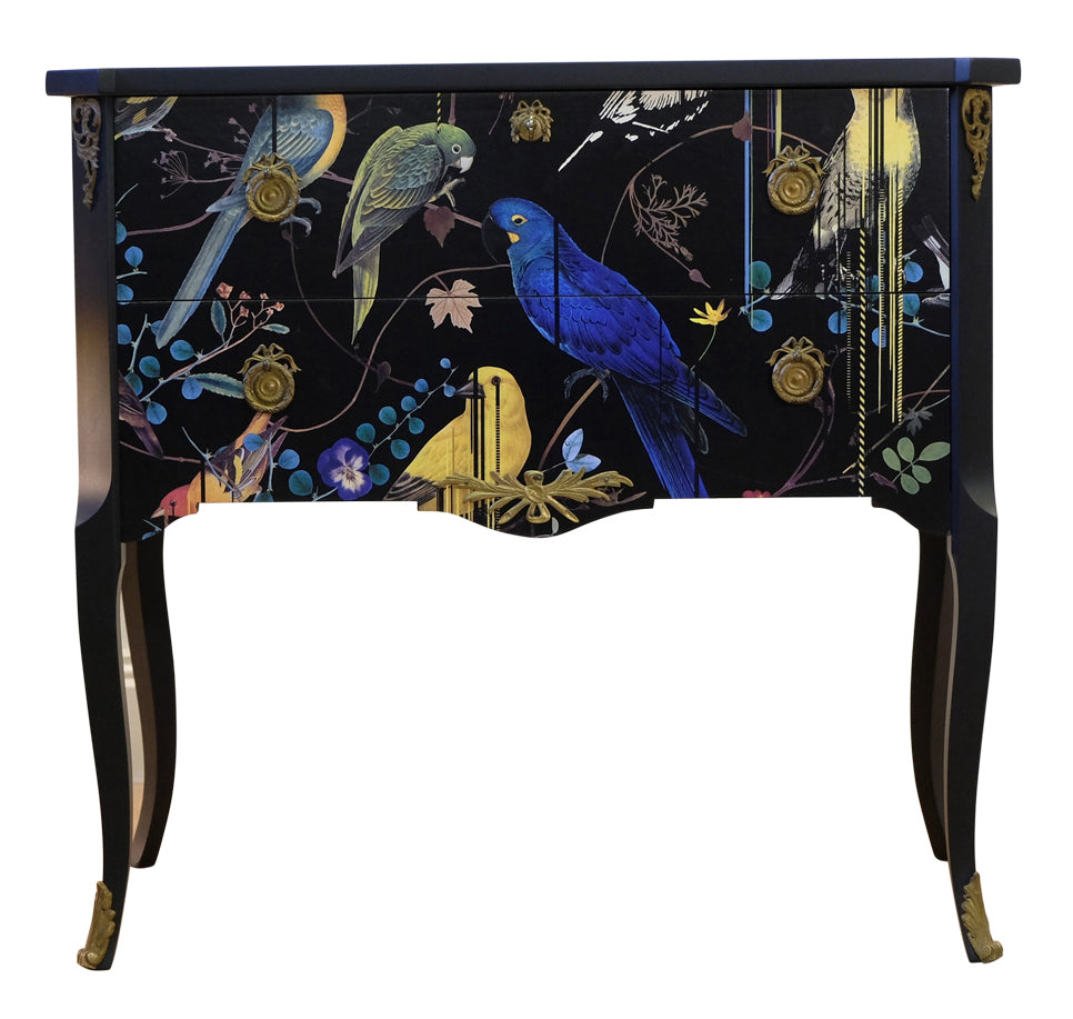 (715) Gustavian Style Commode with Christian Lacroix Birds Design