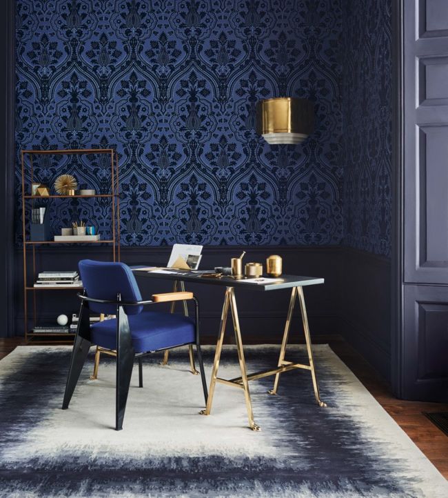 Pugin Palace Flock Room Wallpaper - Blue