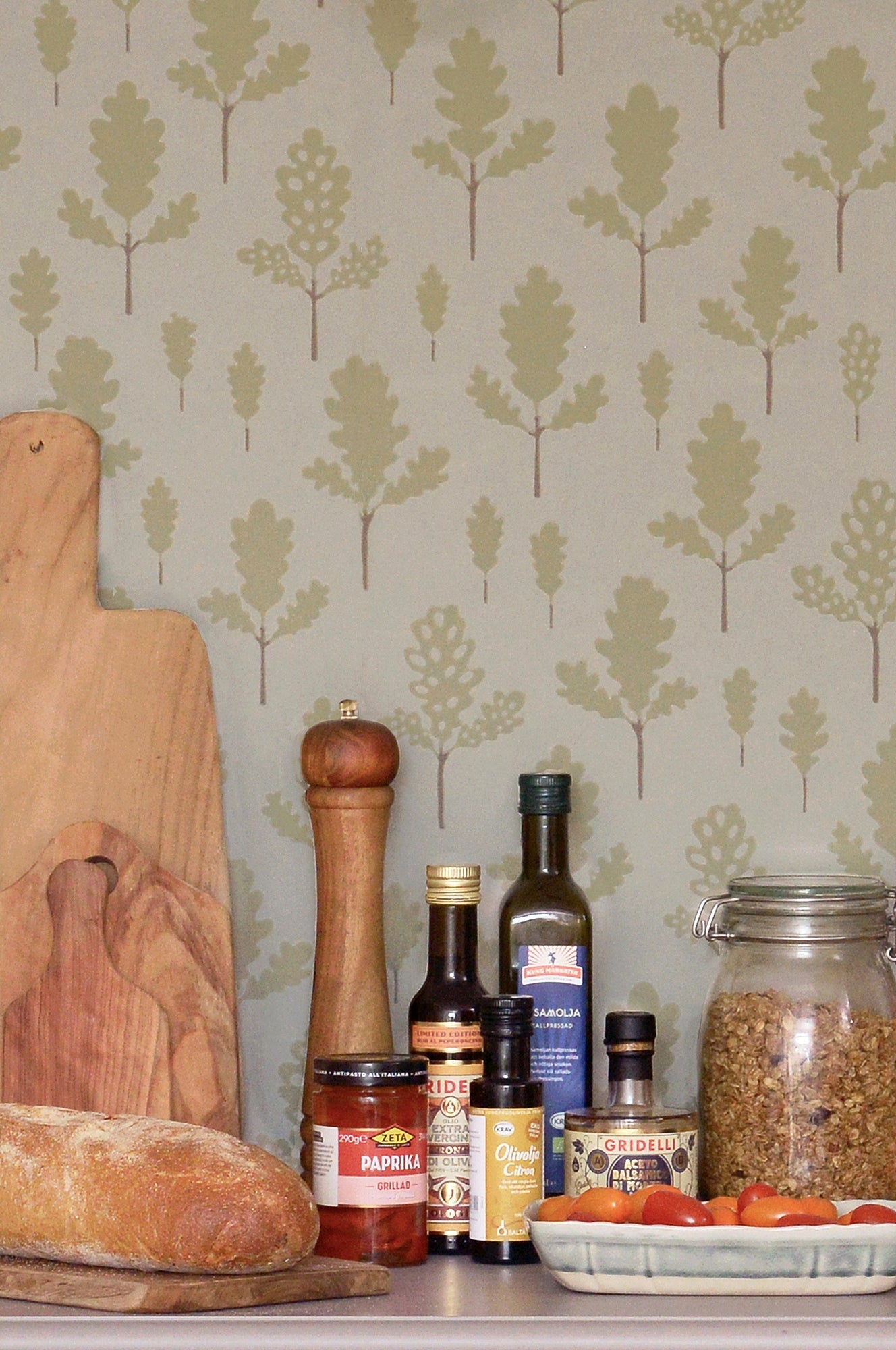 Oak Greige Blue Wallpaper - Majvillan