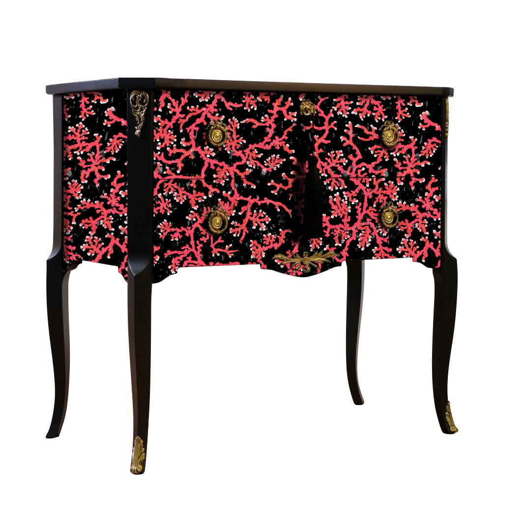 (703) Gustavian Style Commode with Coral Design and Matching Painted Marble Top