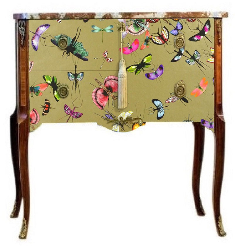 Gustavian Style Commode with Christian Lacroix Gold Butterfly Design and Natural Marble Top