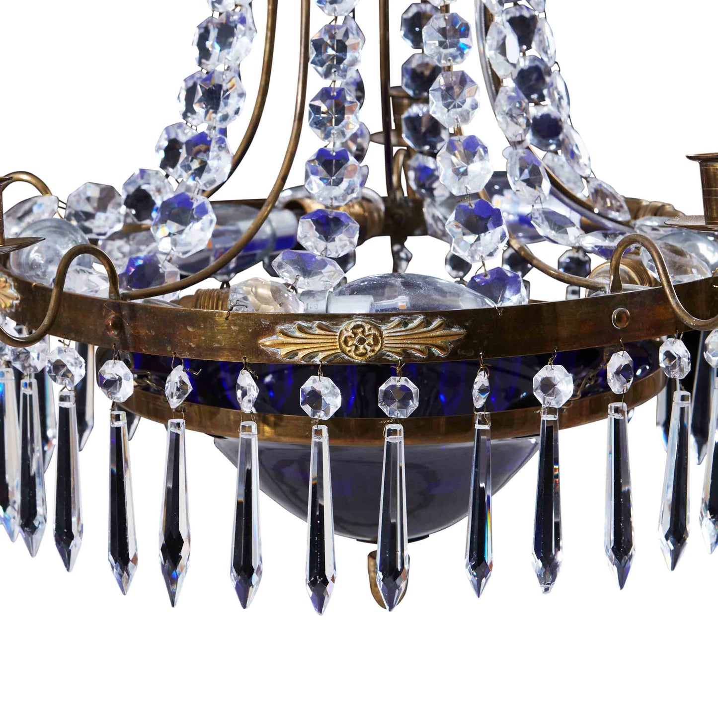 Antique 6 Arm Crystal Empire Chandelier with decorative blue glass bowl 1900's