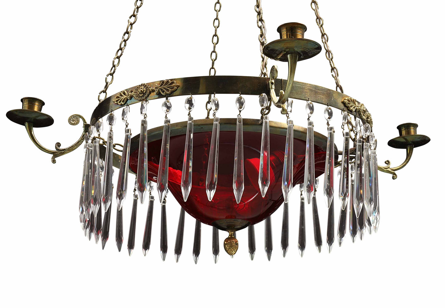 Antique 4 Arm Crystal Empire Chandelier with red glass bowl 1900's