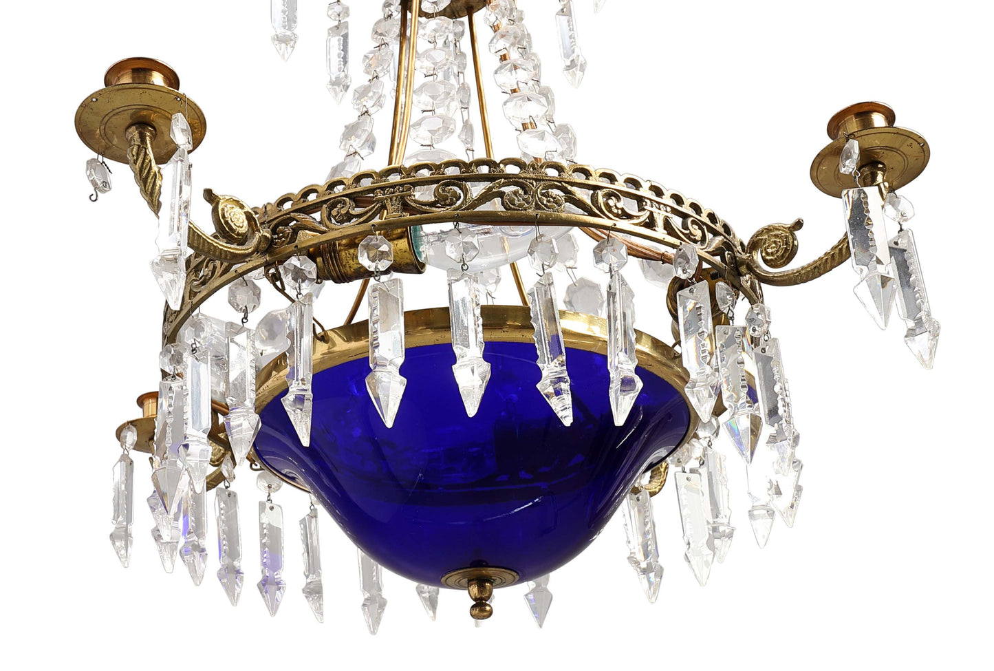 Antique 4 Arm Crystal Empire Chandelier with Blue glass bowl 1900's