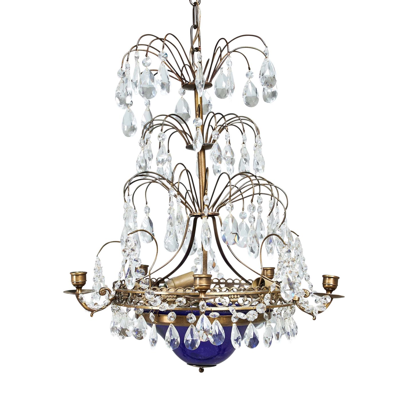 Antique 4 Arm Crystal Empire Chandelier with Blue glass bowl 1900's