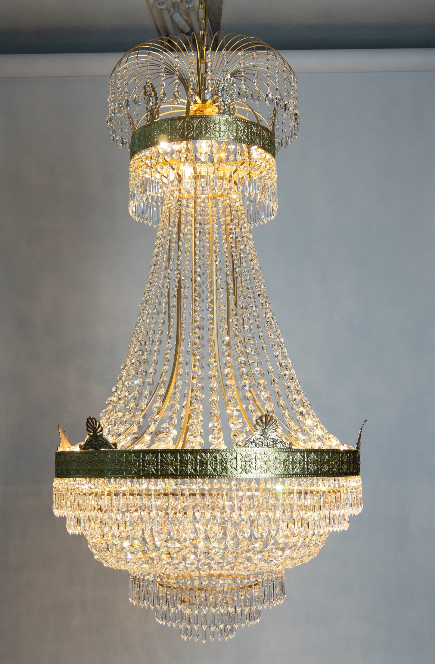 Large Cognac Coloured Empire Chandelier with Crystal Octagons