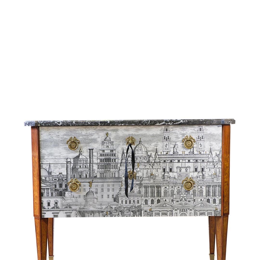 Gustavian Commode with Fornasetti Ancient Rome Design and Natural Marble Top