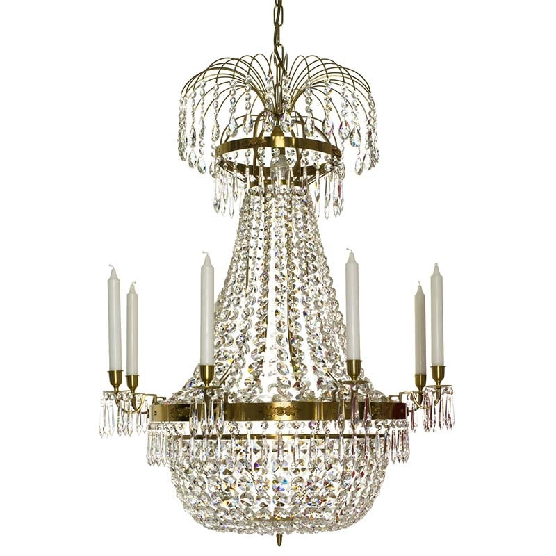 Polished Brass Empire Style 8 Arm Chandelier with Crystal Octagons