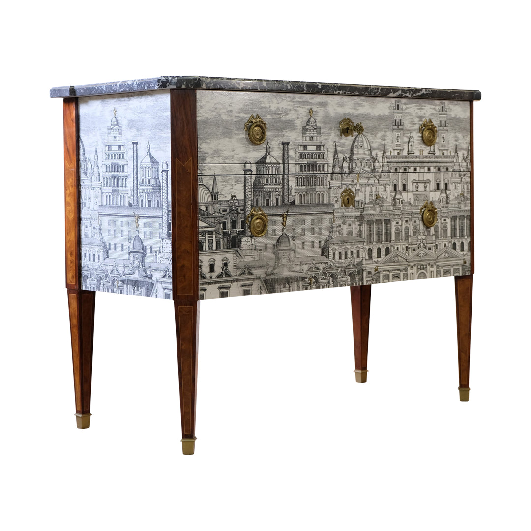 (840) Gustavian Commode with Fornasetti Ancient Rome Design and Natural Marble Top