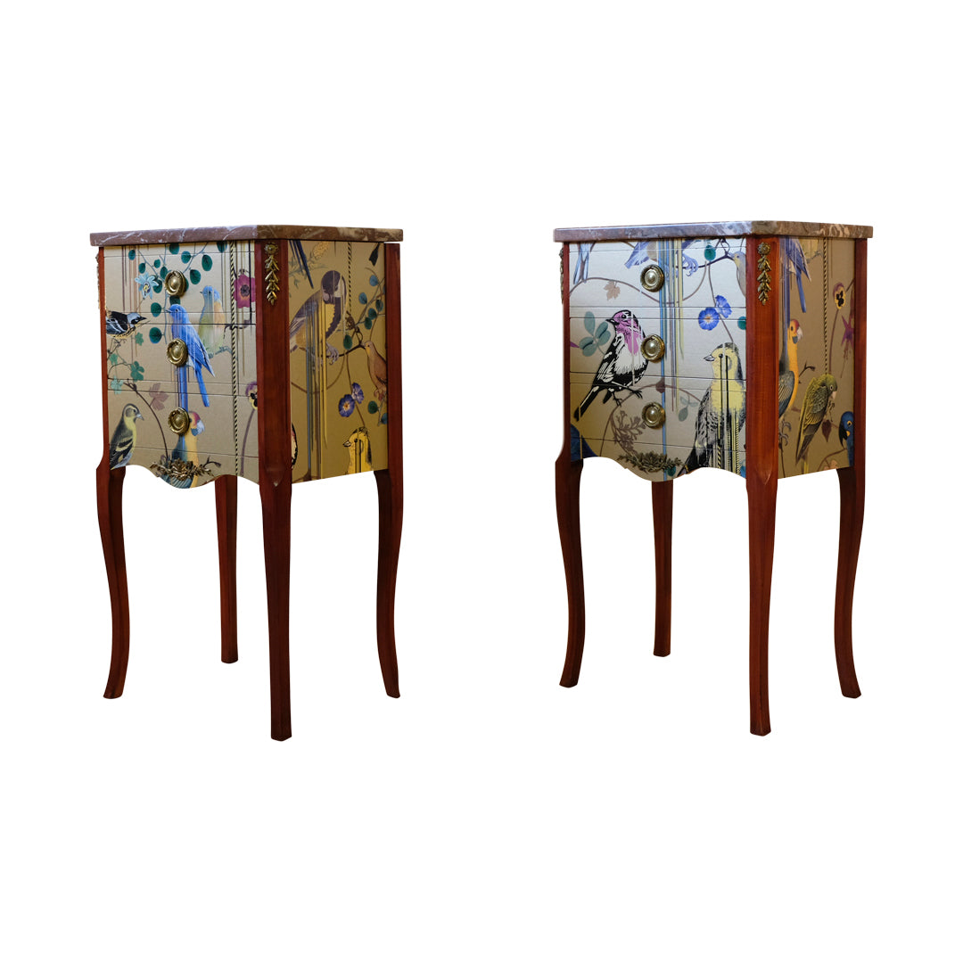 (612) Pair of Louis XV Style Chest with Gold Christian Lacroix Pattern and Marble Top