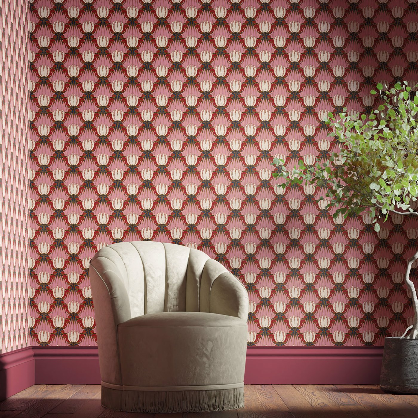 Tulip and Bird Room Wallpaper - Pink