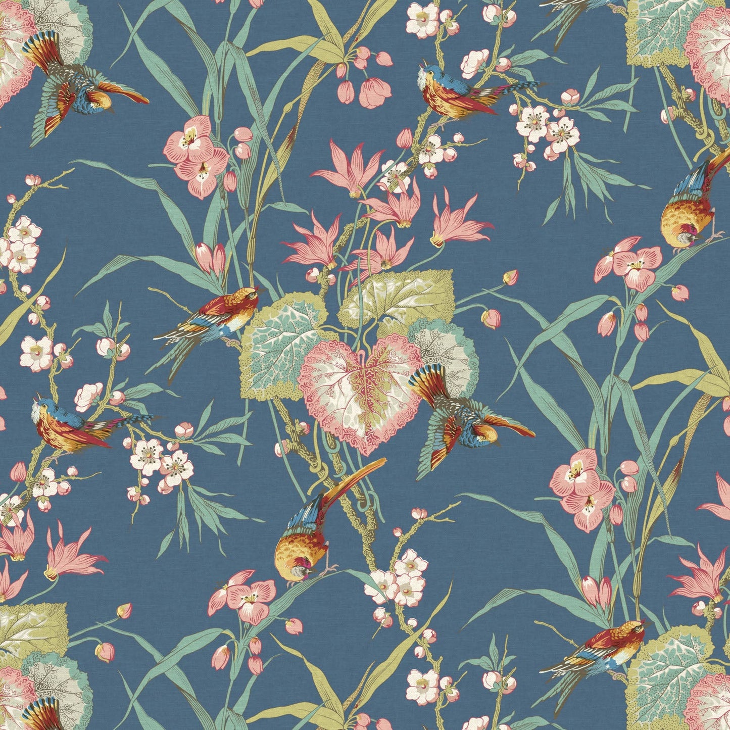 Birds & Blossom Denim Linen Mix Fabric - Warner House