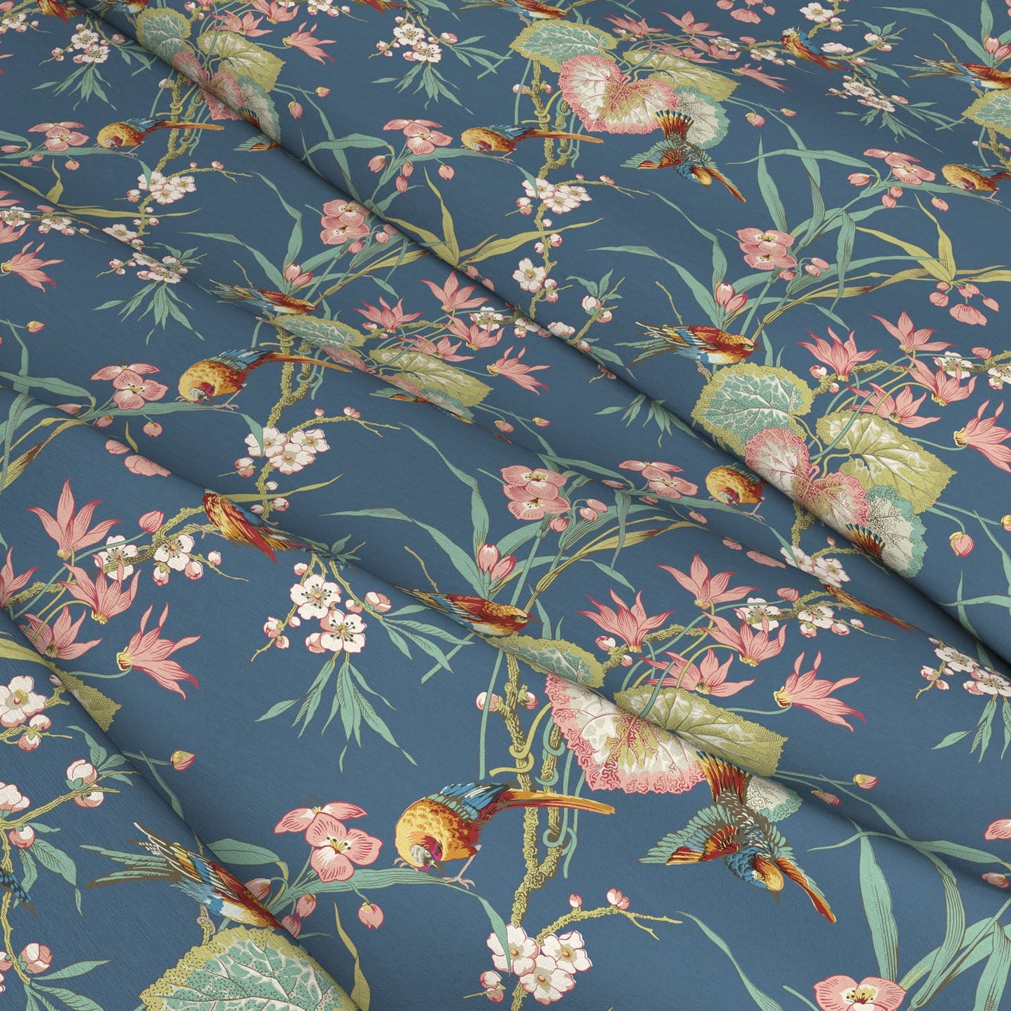 Birds & Blossom Denim Linen Mix Fabric - Warner House