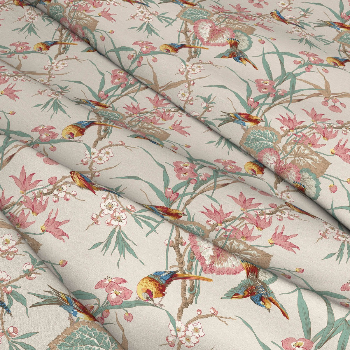 Birds & Blossom Stone Linen Mix Fabric - Warner House
