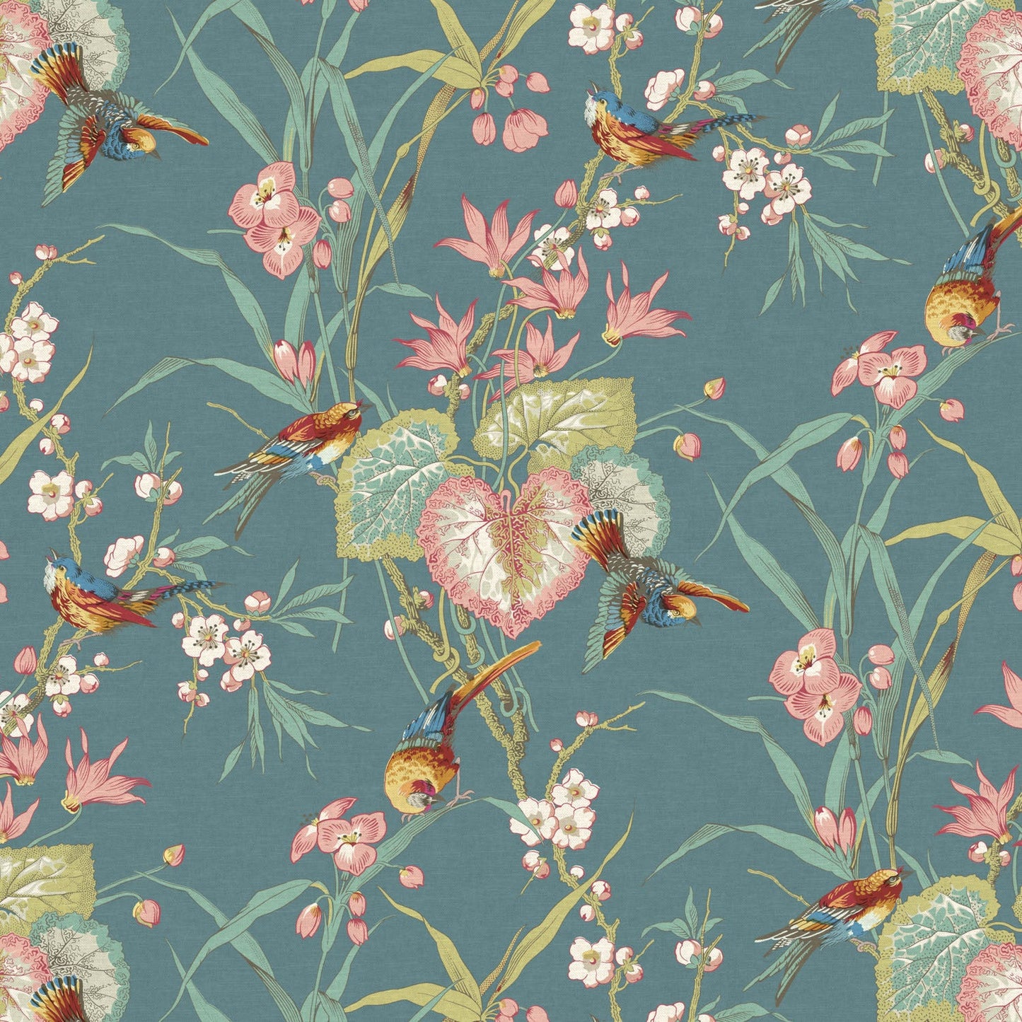 Birds & Blossom Teal Linen Mix Fabric - Warner House