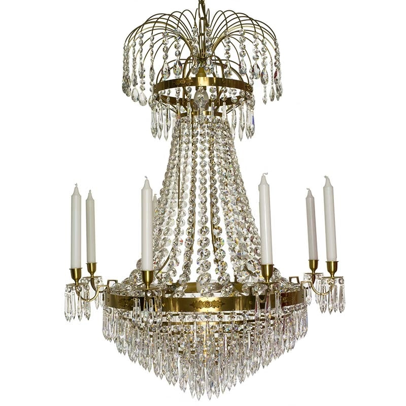 Brass Empire 8 arm chandelier with crystal drops