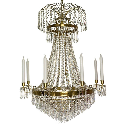 Brass Empire 8 arm chandelier with crystal drops