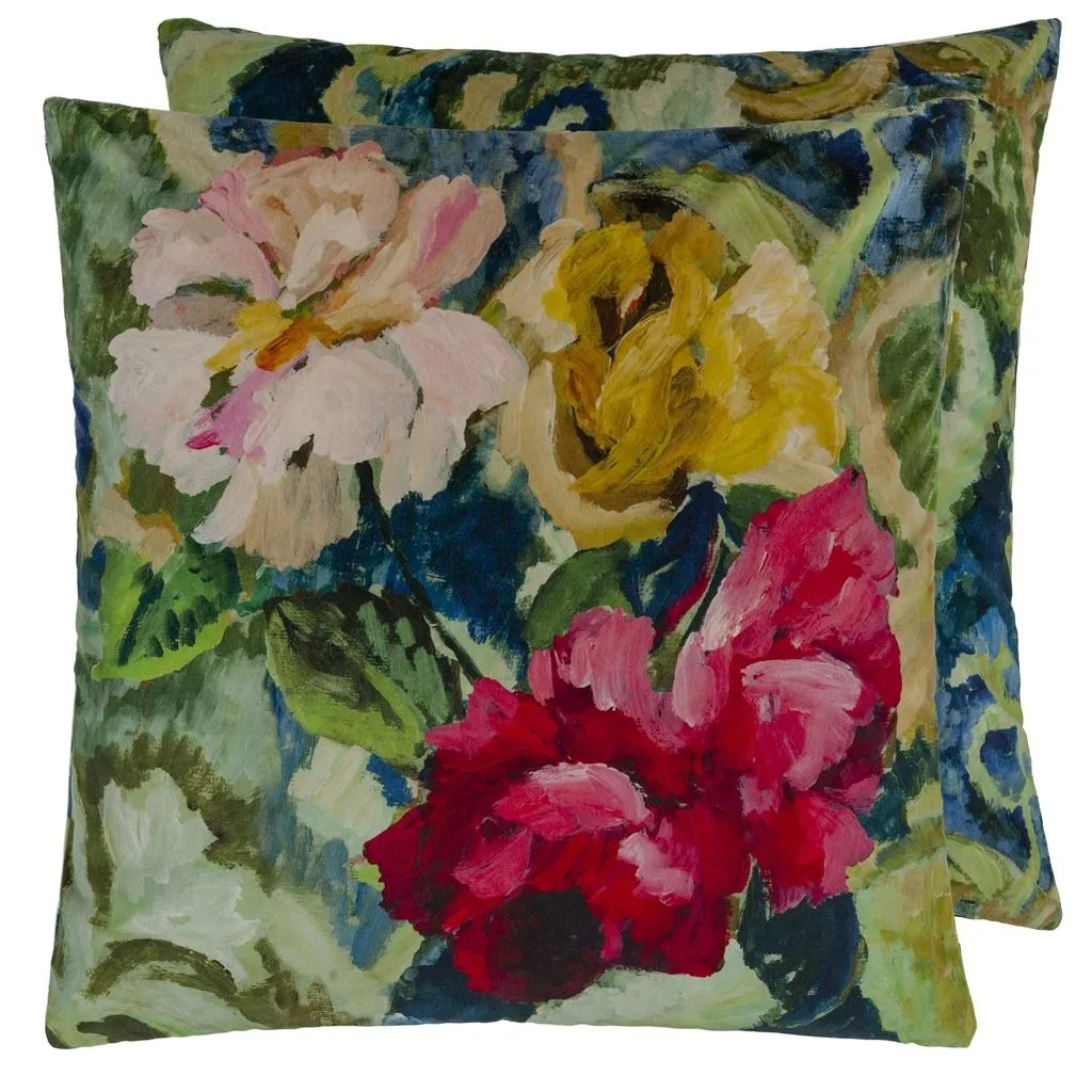 Tapestry Flower Vintage Green Velvet Cushion - Designers Guild