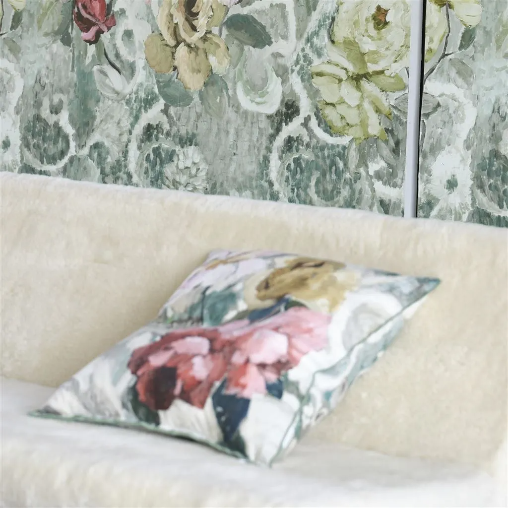 Tapestry Flower Eau De Nil Linen Cushion - Designers Guild