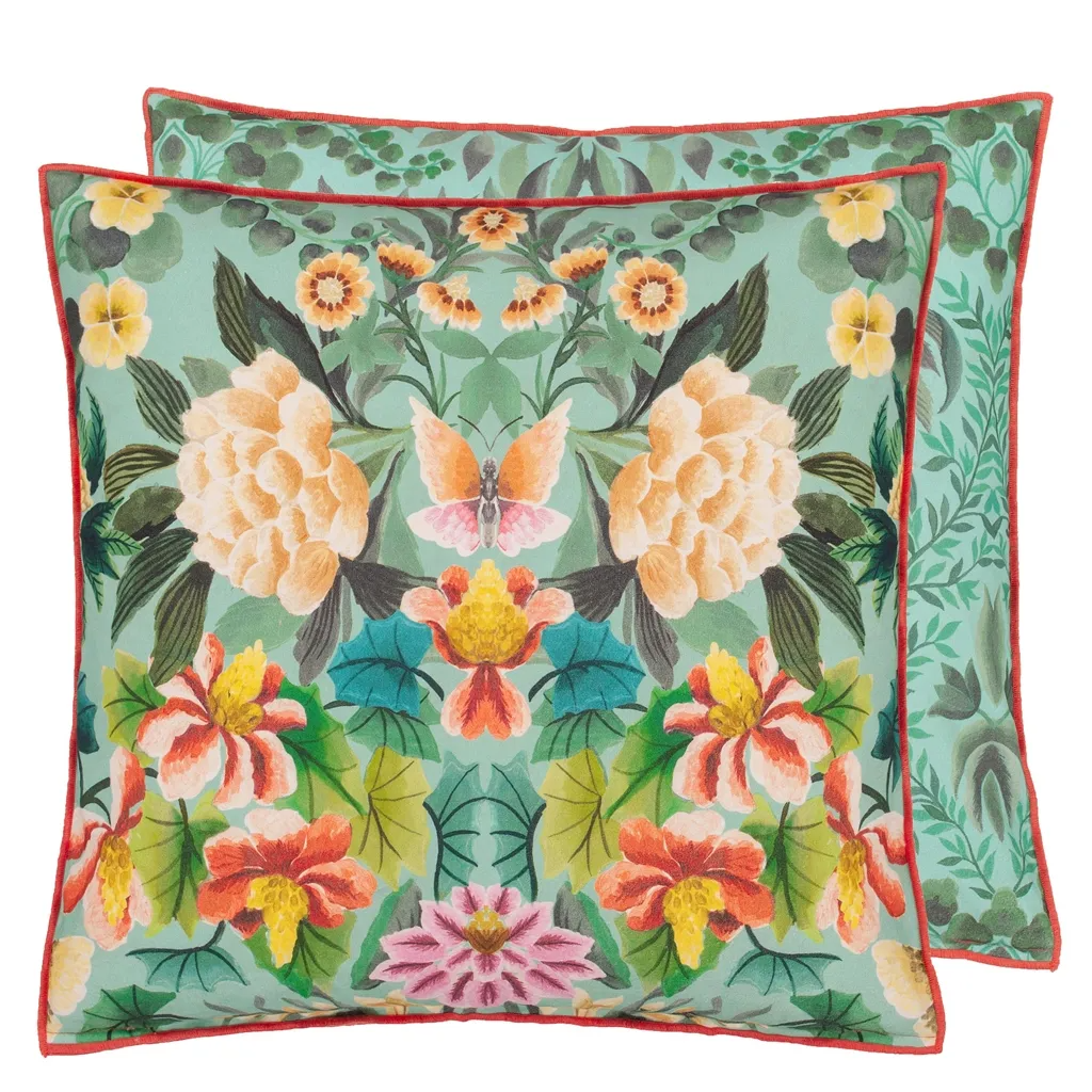 Ikebana Damask Aqua Cotton Cushion - Designers Guild