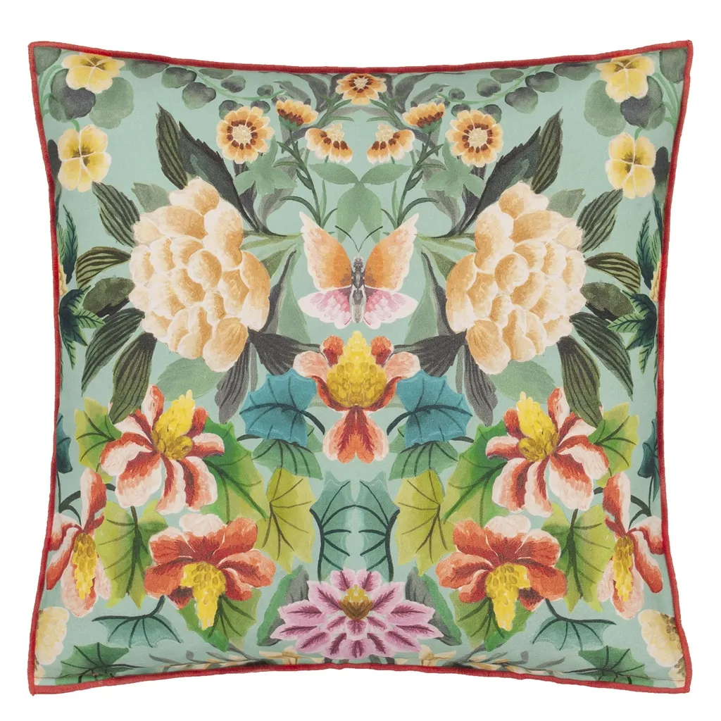 Ikebana Damask Aqua Cotton Cushion - Designers Guild