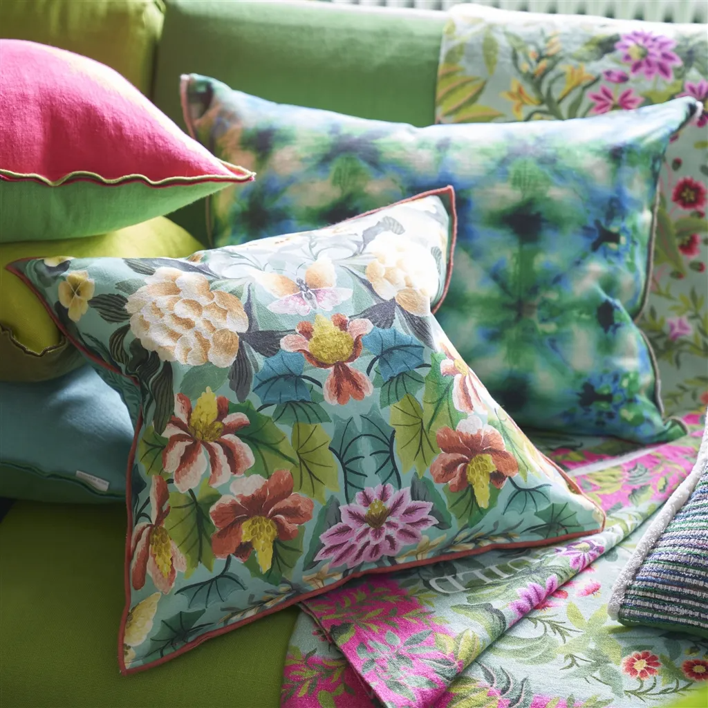 Ikebana Damask Aqua Cotton Cushion - Designers Guild