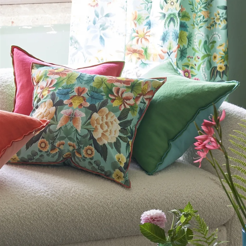 Ikebana Damask Aqua Cotton Cushion - Designers Guild