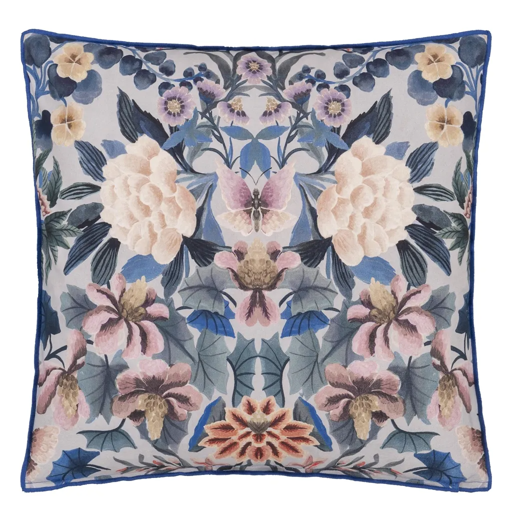 Ikebana Damask Slate Blue Cotton Cushion - Designers Guild