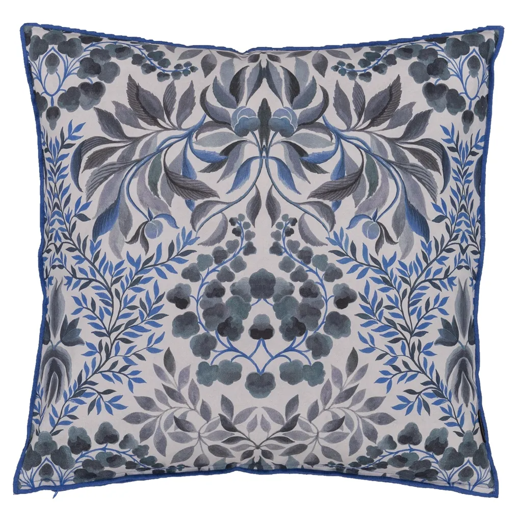 Ikebana Damask Slate Blue Cotton Cushion - Designers Guild