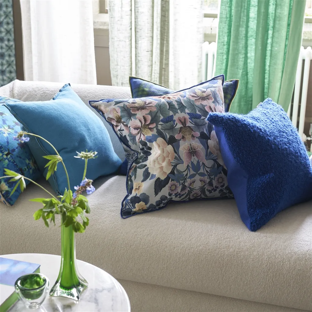Ikebana Damask Slate Blue Cotton Cushion - Designers Guild