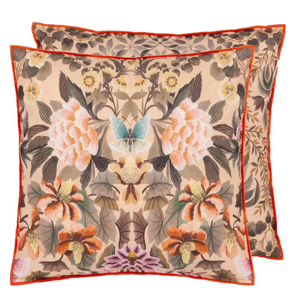 Ikebana Damask Coral Cotton Cushion - Designers Guild