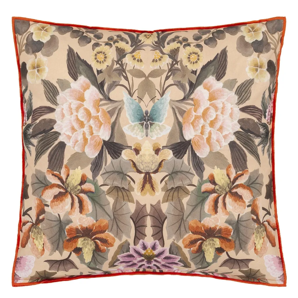 Ikebana Damask Coral Cotton Cushion - Designers Guild