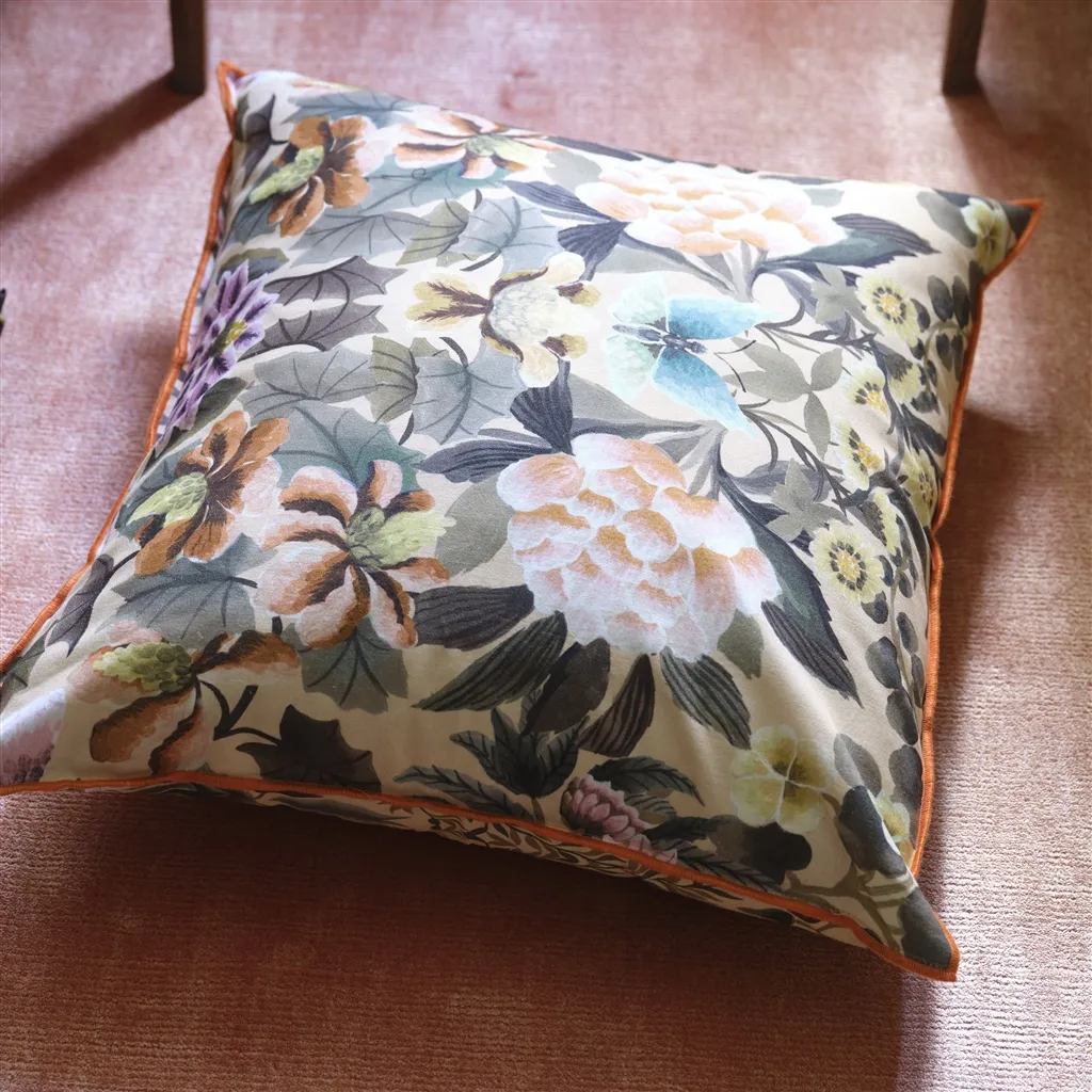 Ikebana Damask Coral Cotton Cushion - Designers Guild