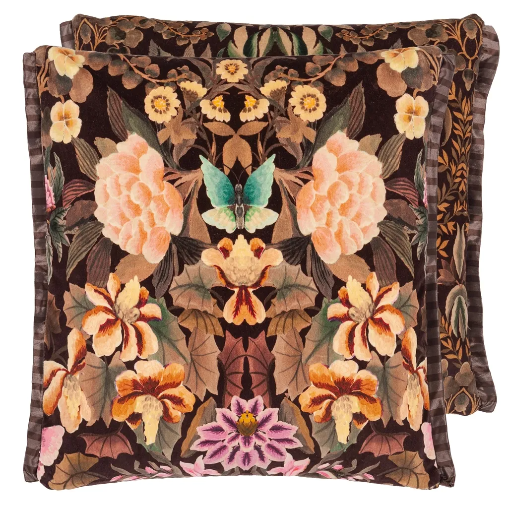 Ikebana Damask Chocolate Velvet Cushion - Designers Guild