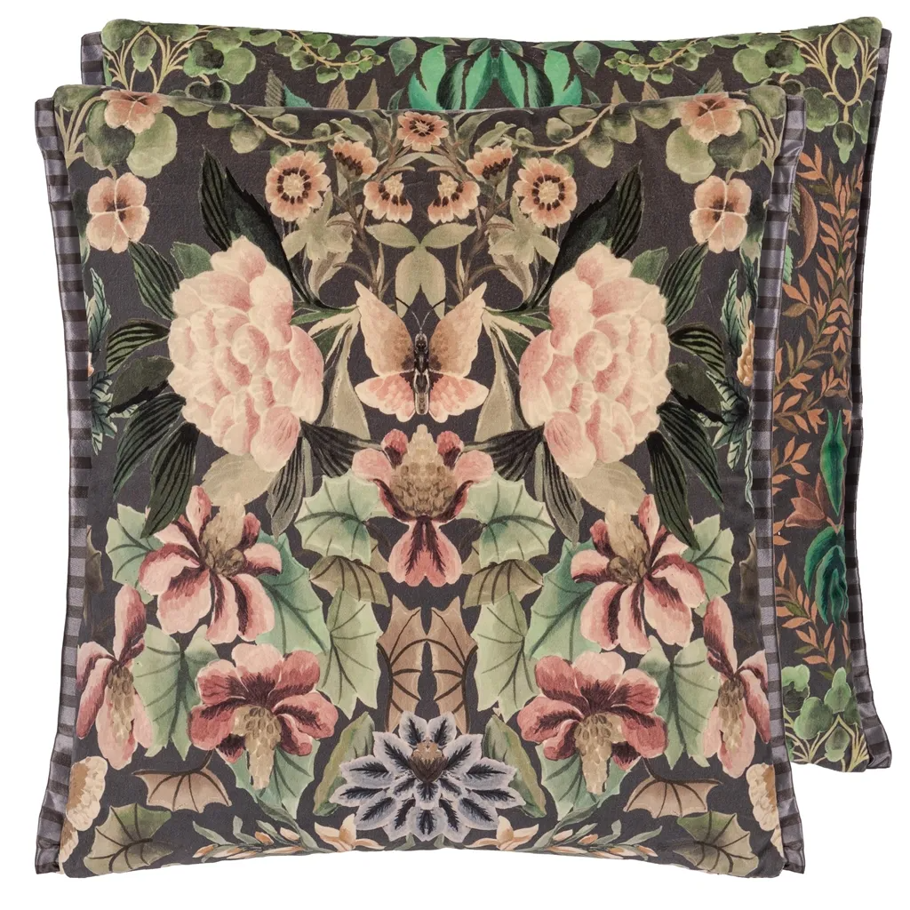 Ikebana Damask Graphite Velvet Cushion - Designers Guild