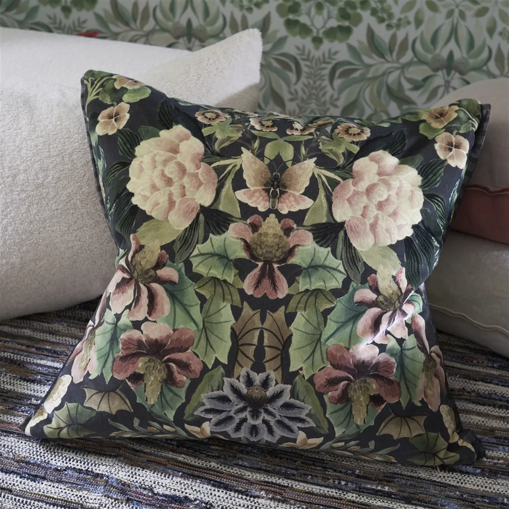 Ikebana Damask Graphite Velvet Cushion - Designers Guild